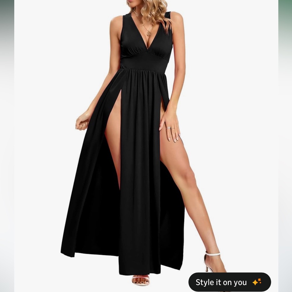 Black V-Neck High-Slit Maxi Dress